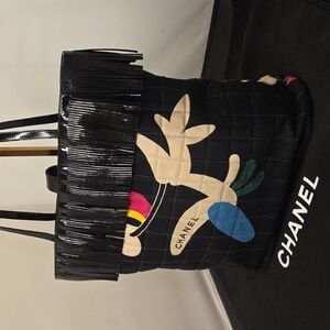 Chanel Choco quilted 1997 canvas/patent leather fringe tote Highly Collectable